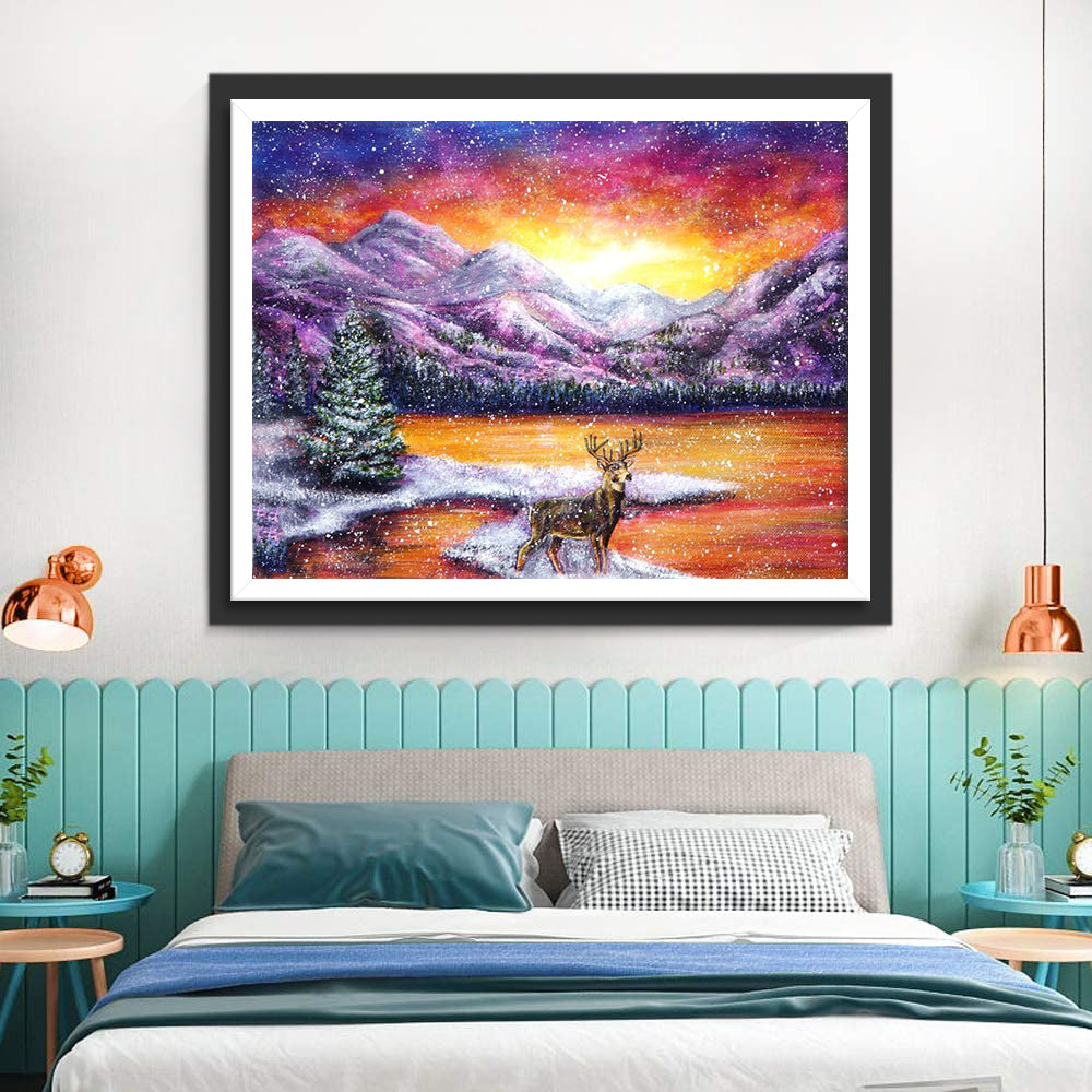 Deer and Purple Mountains Diamond Painting