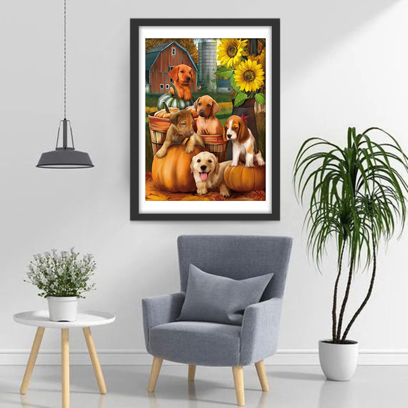 Puppies and Pumpkins Diamond Painting