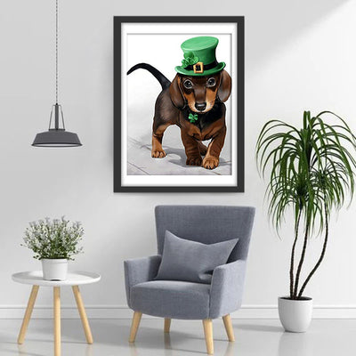 Dachshund Dog in Green Top Hat Diamond Painting