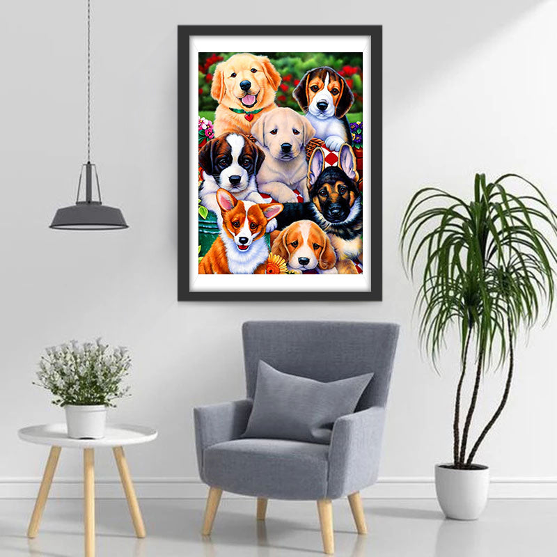 Seven Puppies and Flowers Diamond Painting