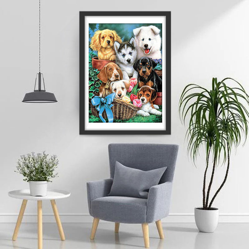 Seven Puppies and Flowers Diamond Painting