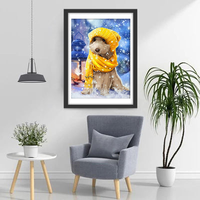 Puppy wearing yellow scarf and hat in snow Diamond Painting