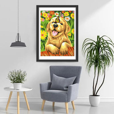 Golden Retriever Puppy and Butterfly Diamond Painting