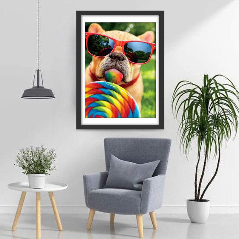 French Bulldog Eating a Lollipop with Sunglasses Diamond Painting