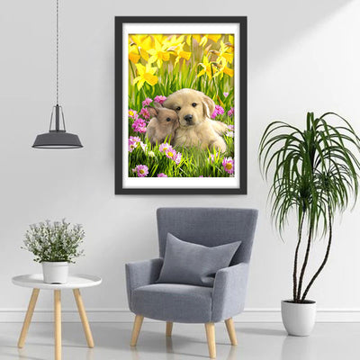 Golden Retriever Puppy, Little Bunny and Flowers Diamond Painting