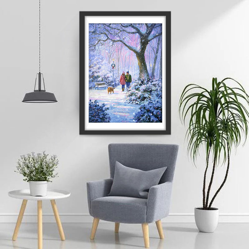 Couple and Dog in Snow Diamond Painting