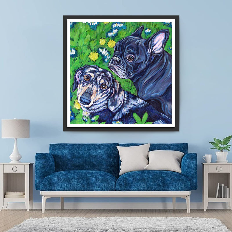 Bulldog and Dachshund on the Grass 5D DIY Diamond Painting Kits