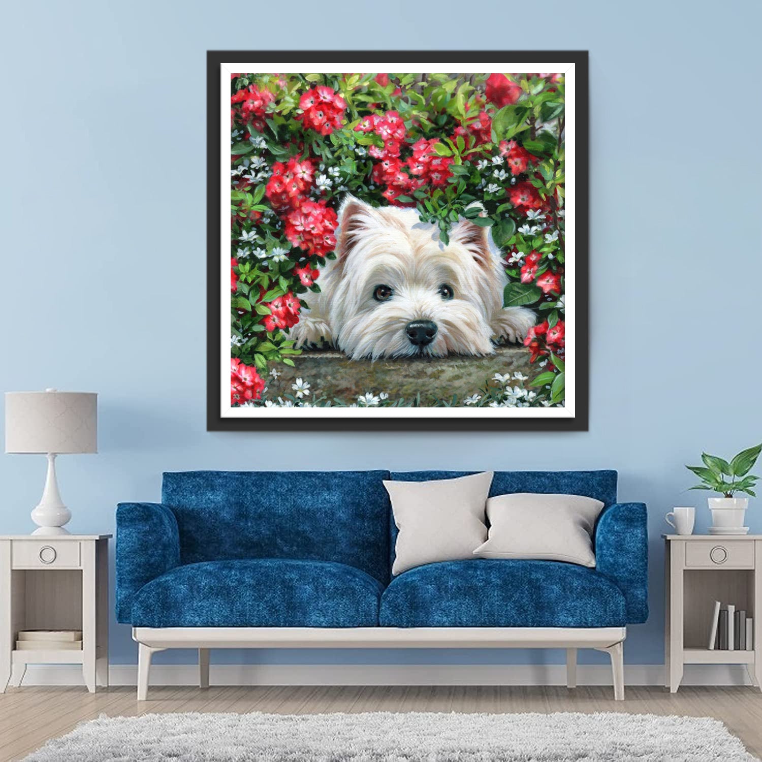 Westie Dog in Flower Bushes Diamond Painting