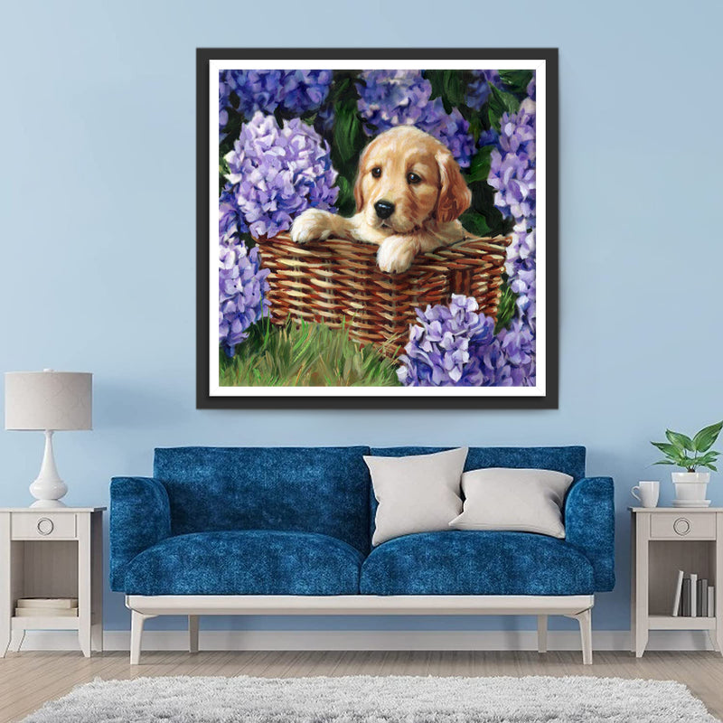 Golden Retriever Dog and Purple Hydrangeas Diamond Painting