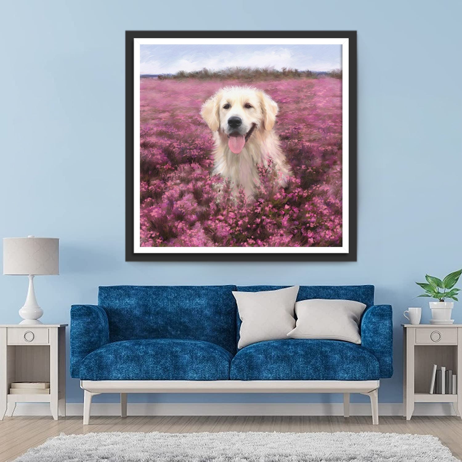 Golden Retriever in a Sea of Pink Flowers Diamond Painting