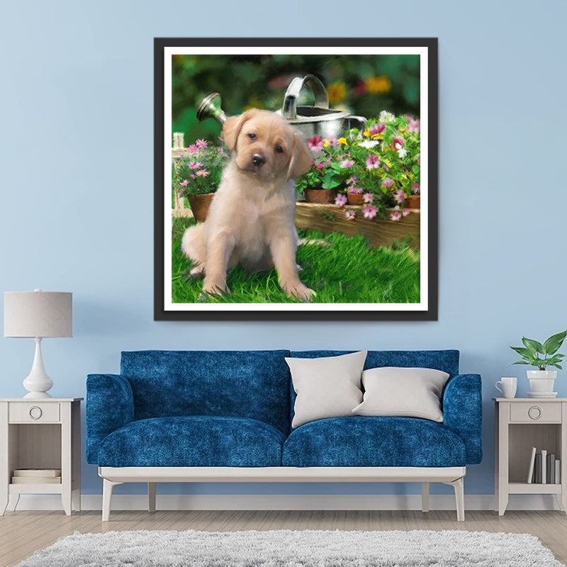 Golden Retriever Puppy Leaning Head with Flowers Diamond Painting