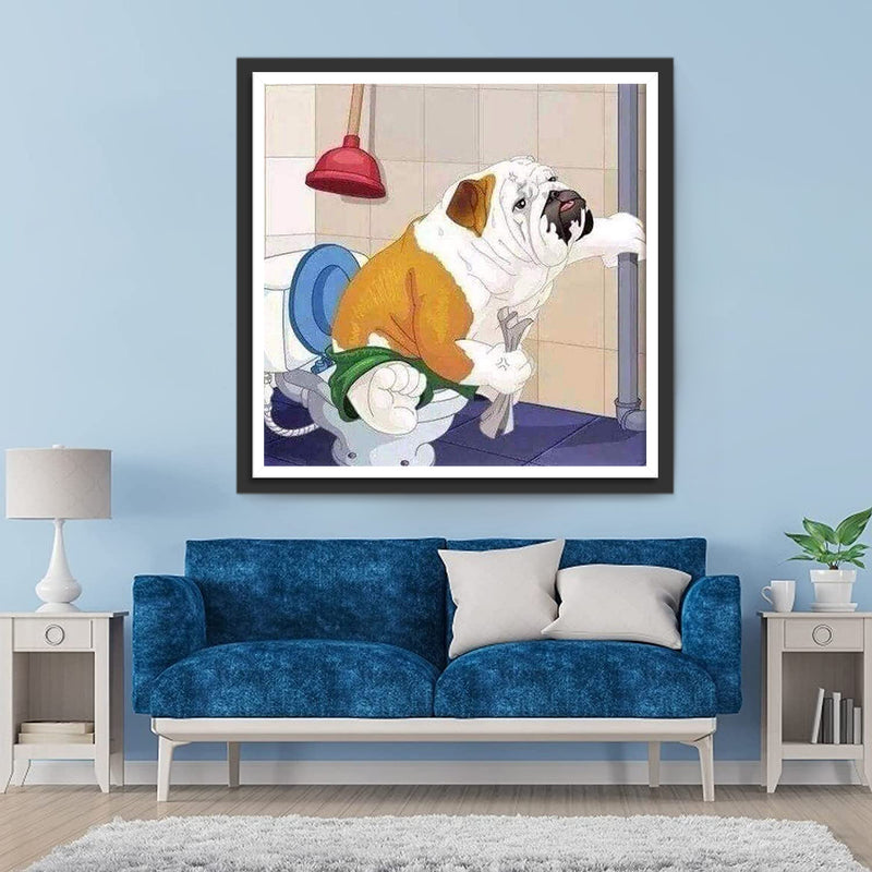 Bulldog Dog in the Toilet Diamond Painting