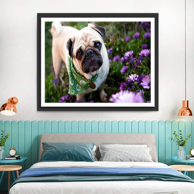 Pug Dog with a Scarf and Daisies 5D DIY Diamond Painting Kits