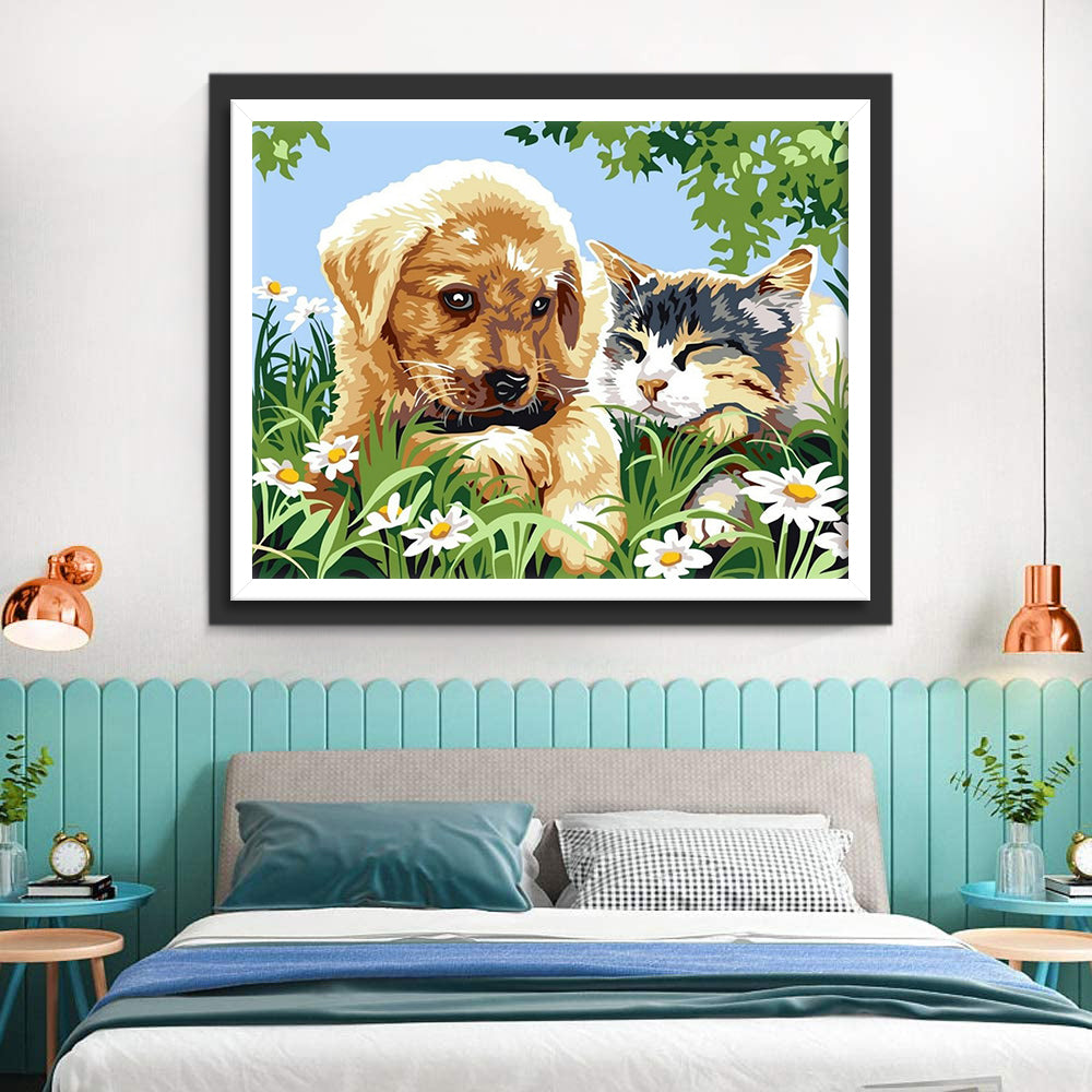 Golden Retriever Puppy, Cat and Little Daisies Diamond Painting