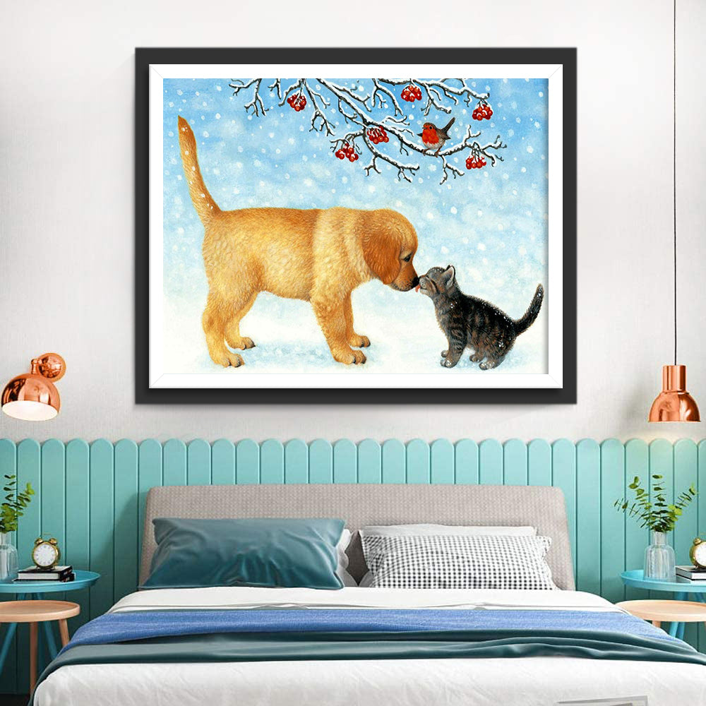 Golden Retriever Puppy and Kitten on the Snow Diamond Painting