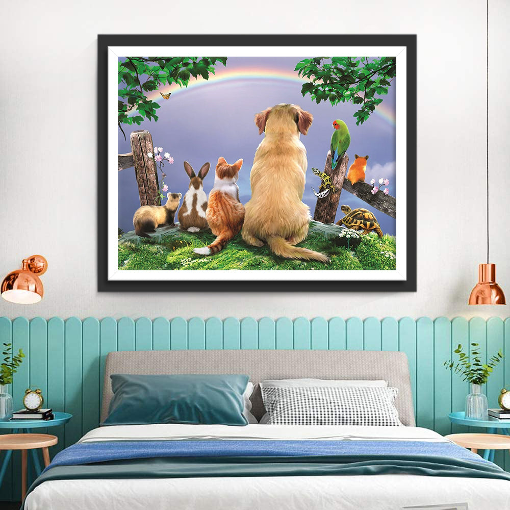 Golden Retriever Dog Looking at Rainbow with Other Animals Diamond Painting