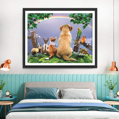 Golden Retriever Dog Looking at Rainbow with Other Animals 5D DIY Diamond Painting Kits