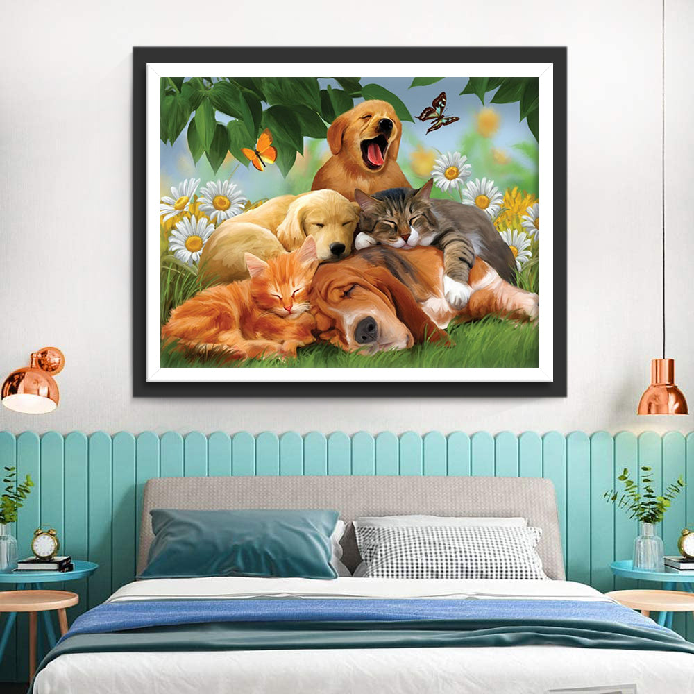 Dogs and Cats with Flowers Diamond Painting