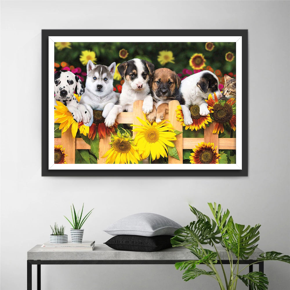 Puppies at the Garden Fence Diamond Painting