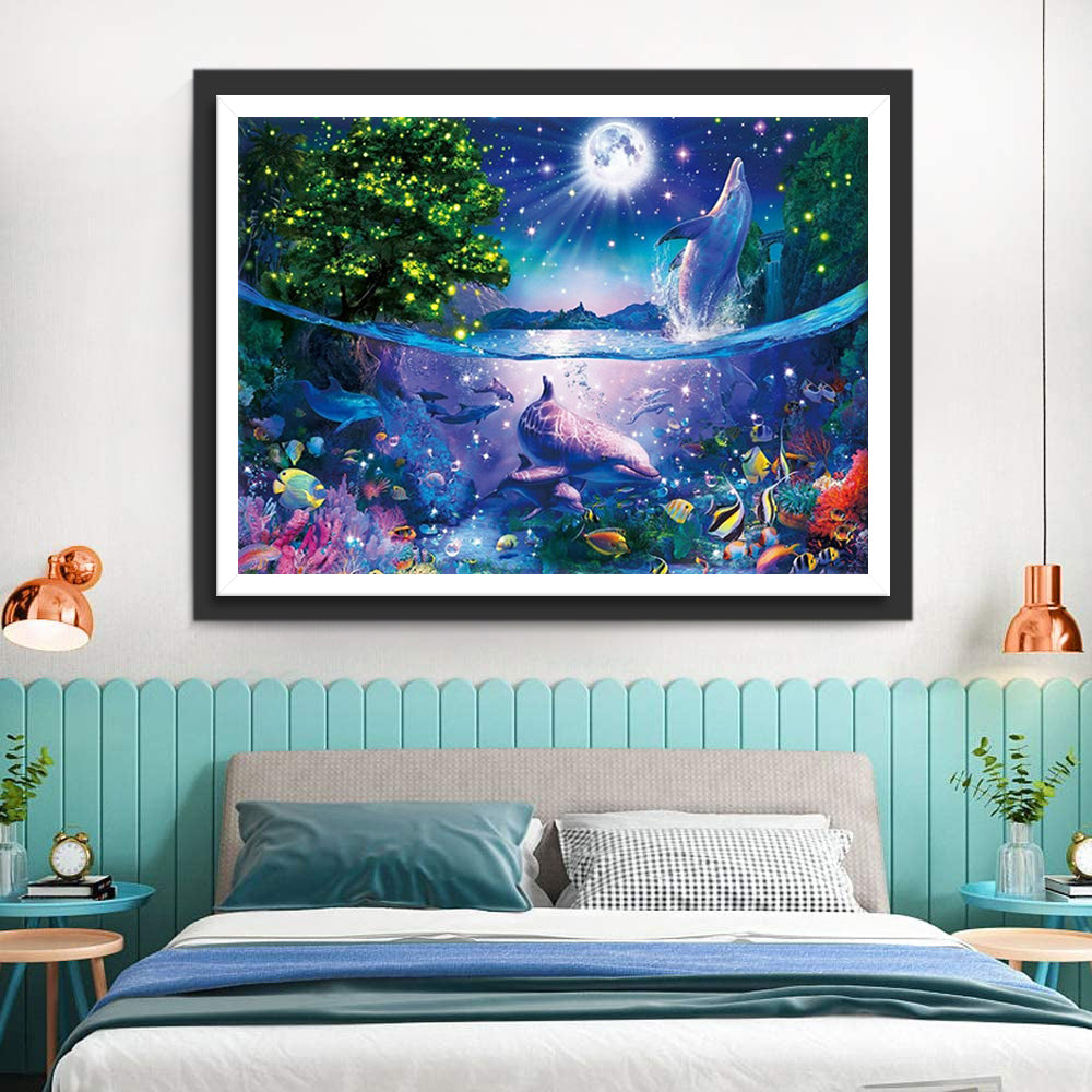 Dolphins and the Clear Moon Diamond Painting