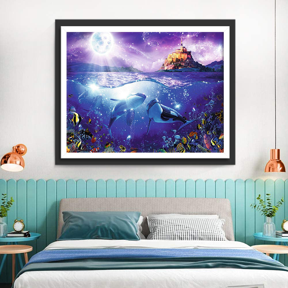 Whales and Castle with Clear Moon Diamond Painting