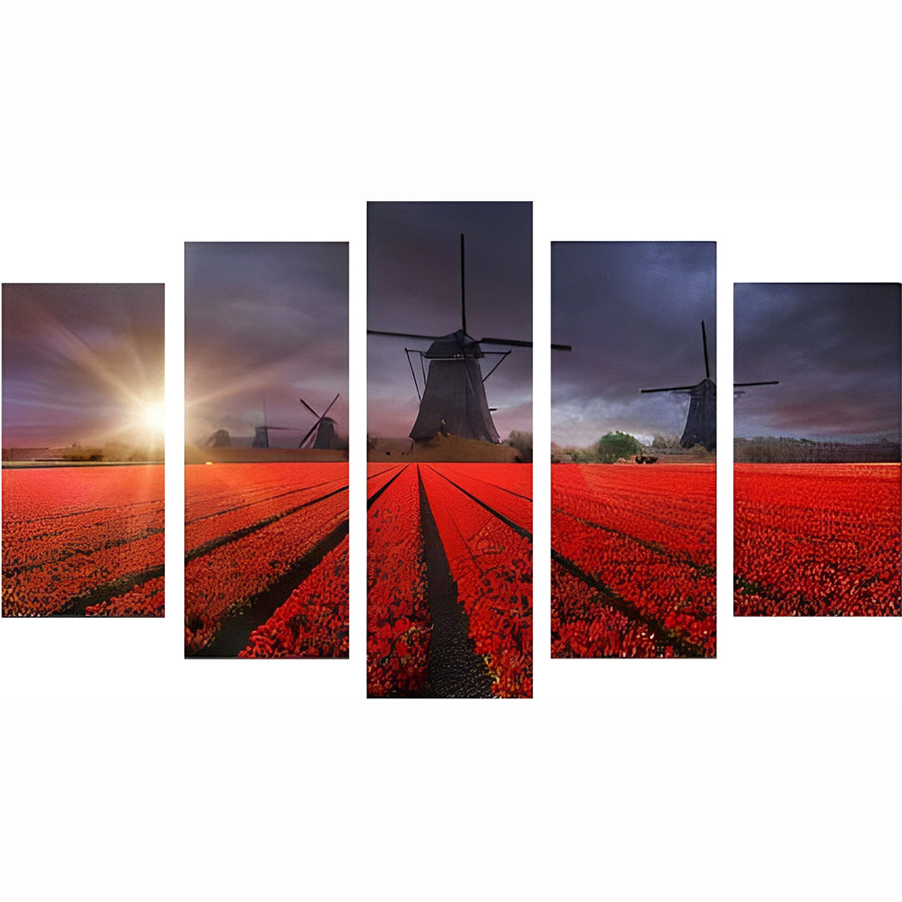 Wind Turbine and Red Flowers 5 Pack Diamond Painting