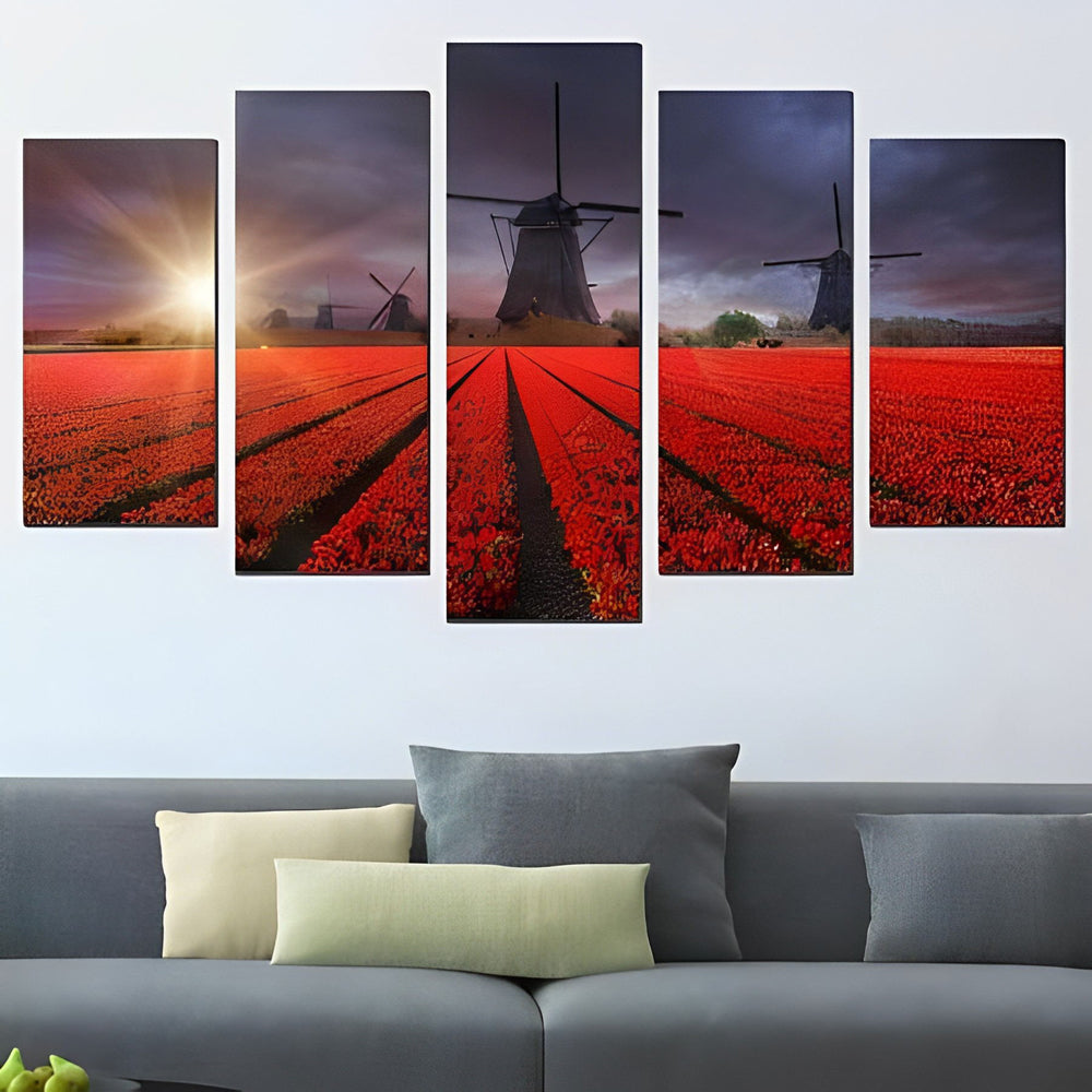 Wind Turbine and Red Flowers 5 Pack Diamond Painting