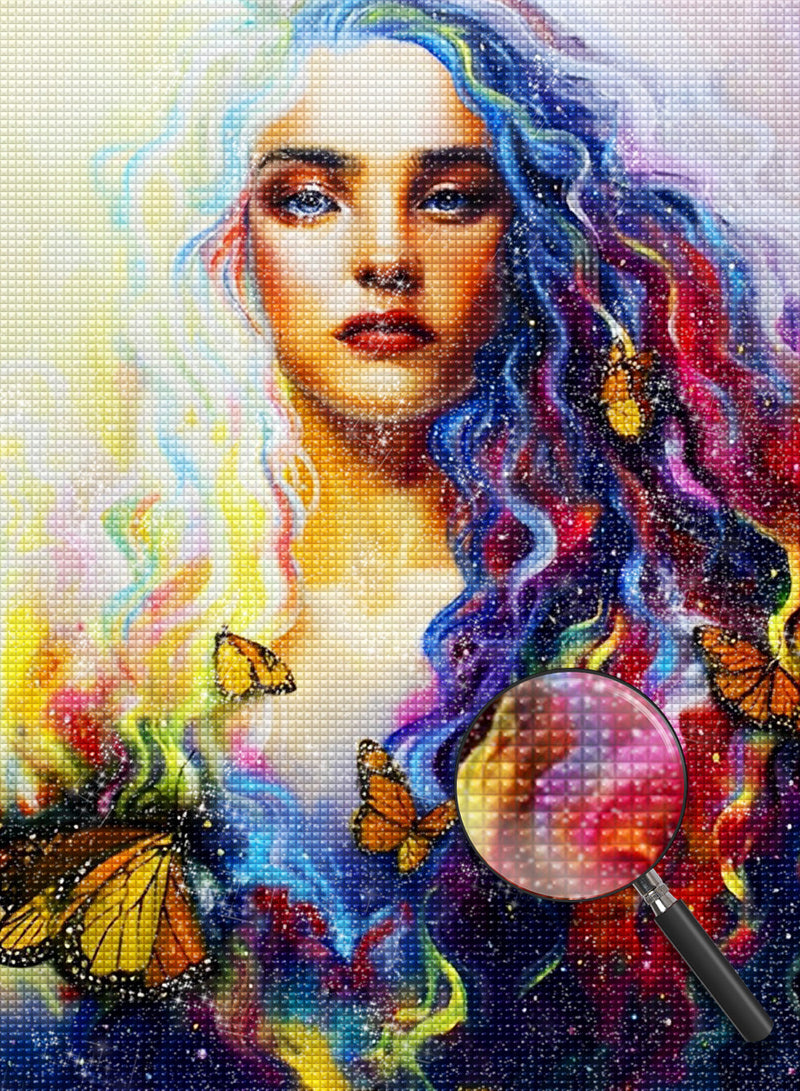 Woman with Multicolored Hair and Butterflies 5D DIY Diamond Painting Kits