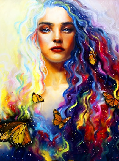 Woman with Multicolored Hair and Butterflies 5D DIY Diamond Painting Kits