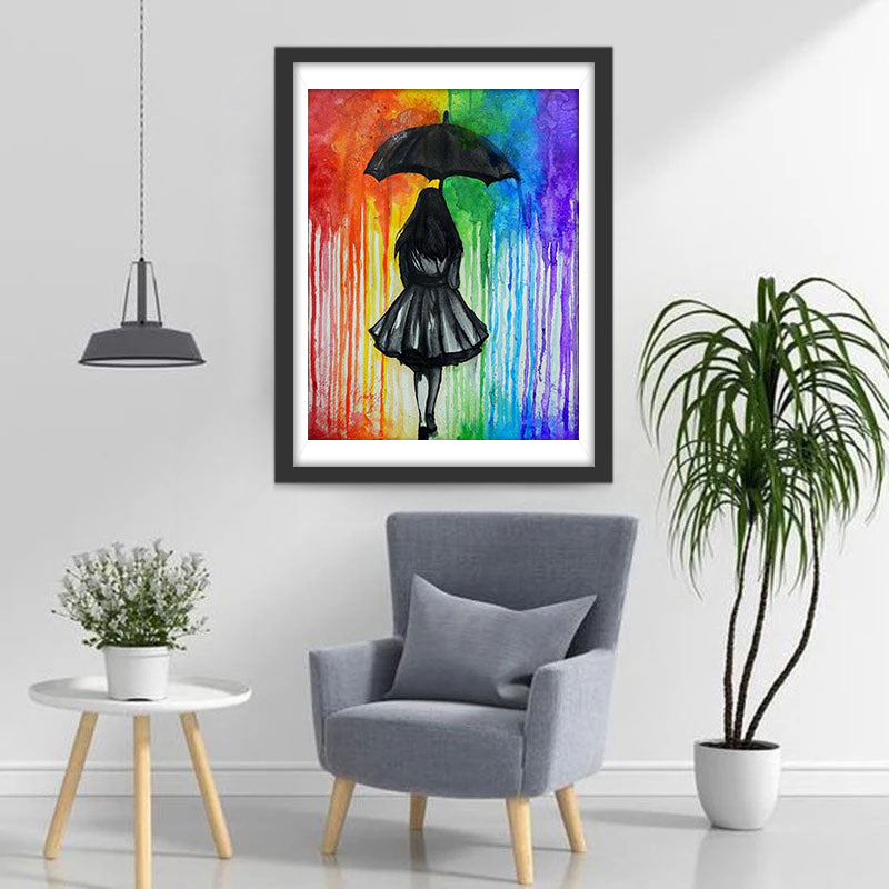 Girl with an Umbrella and Rain Multicolored Diamond Painting