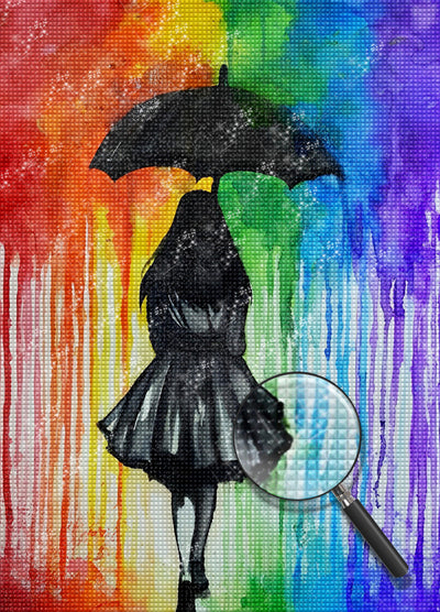 Girl with an Umbrella and Rain Multicolored Diamond Painting