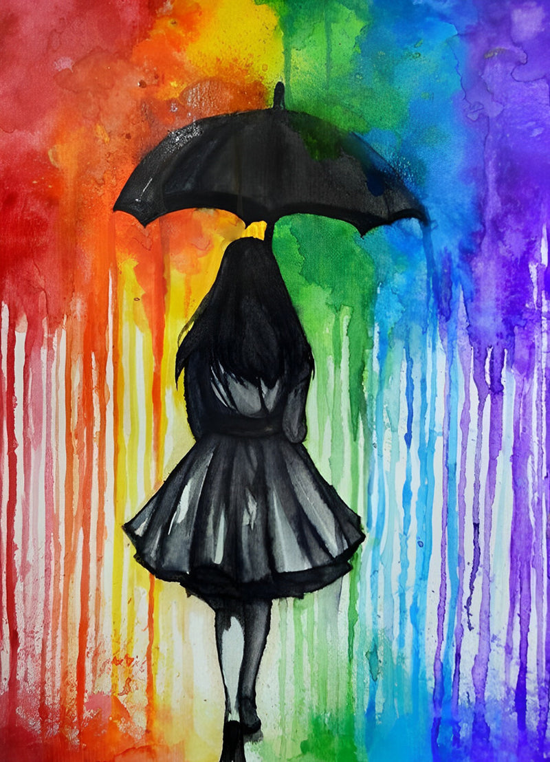 Girl with an Umbrella and Rain Multicolored Diamond Painting