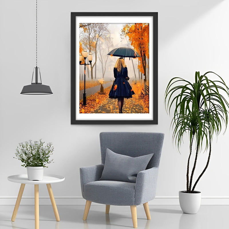 Woman in Black with an Umbrella in Autumn 5D DIY Diamond Painting Kits
