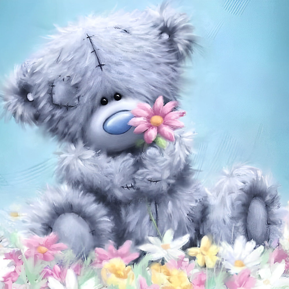 Gray Bear Doll and Pink Flower Diamond Painting