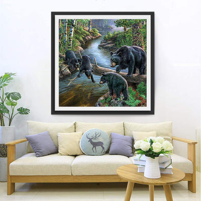 Black Bear and His Babies Playing with Water 5D DIY Diamond Painting Kits