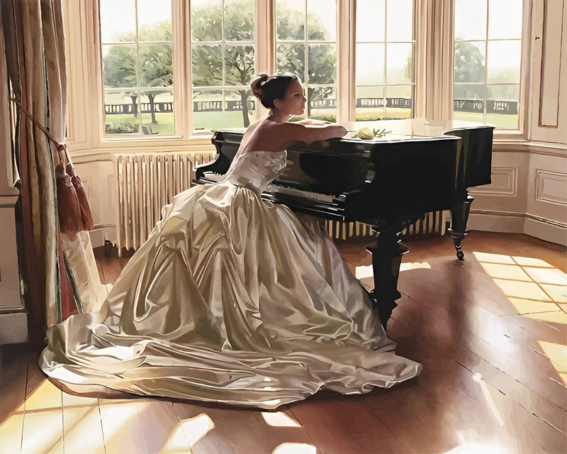 Woman at the Piano in White Dress Diamond Painting