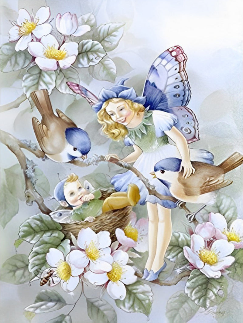 Birds and Little Fairies with White Flowers Diamond Painting