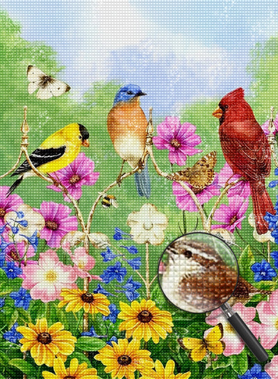Four Birds and Beautiful Flowers Diamond Painting