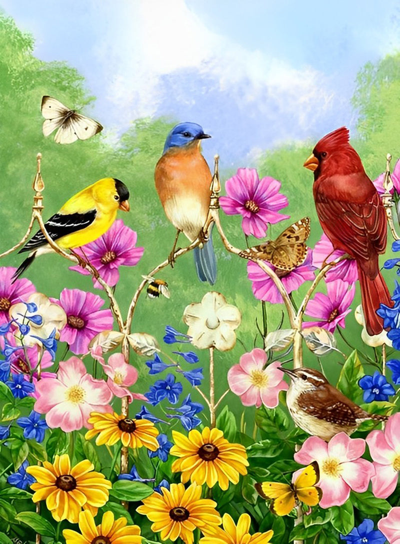 Four Birds and Beautiful Flowers Diamond Painting