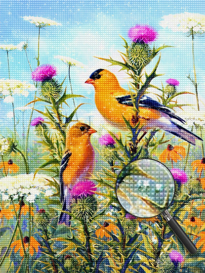 Orange Birds and Various Flowers Diamond Painting