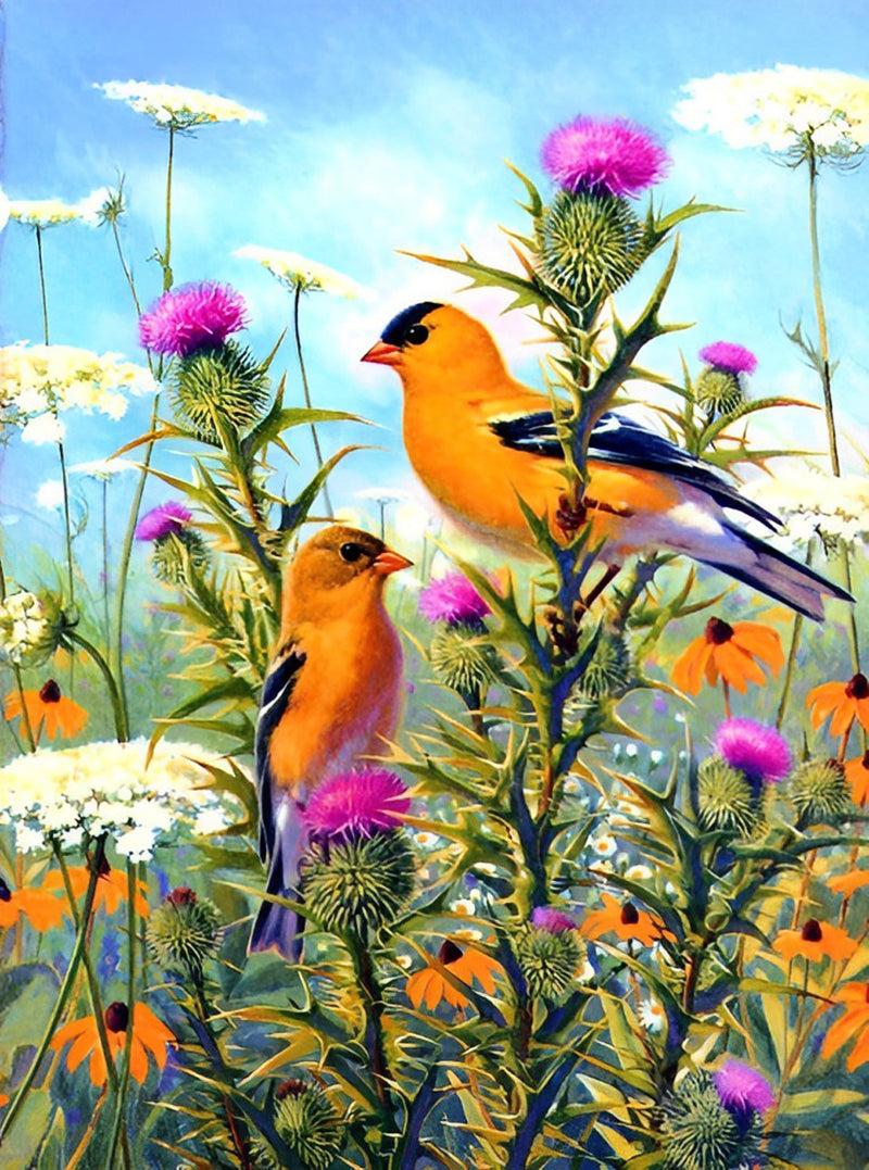 Orange Birds and Various Flowers Diamond Painting