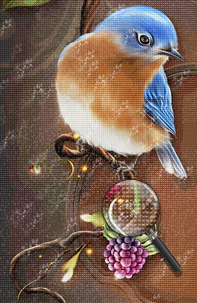 Blue and Brown Bird with Purple Fruits Diamond Painting