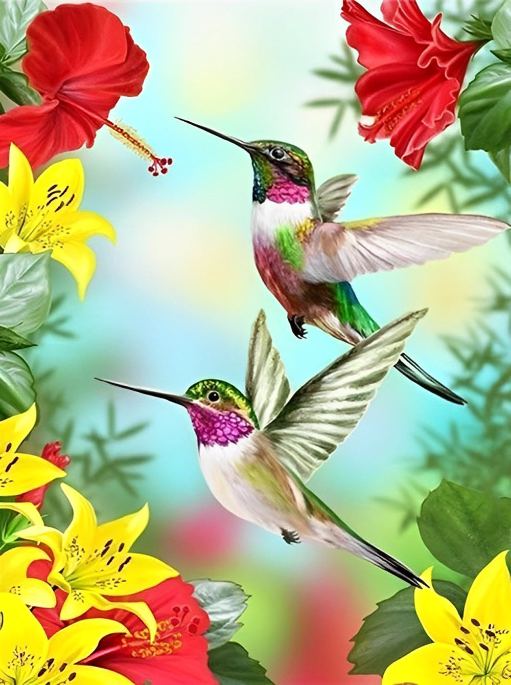 Two Flying Hummingbirds and Red and Yellow Flowers Diamond Painting
