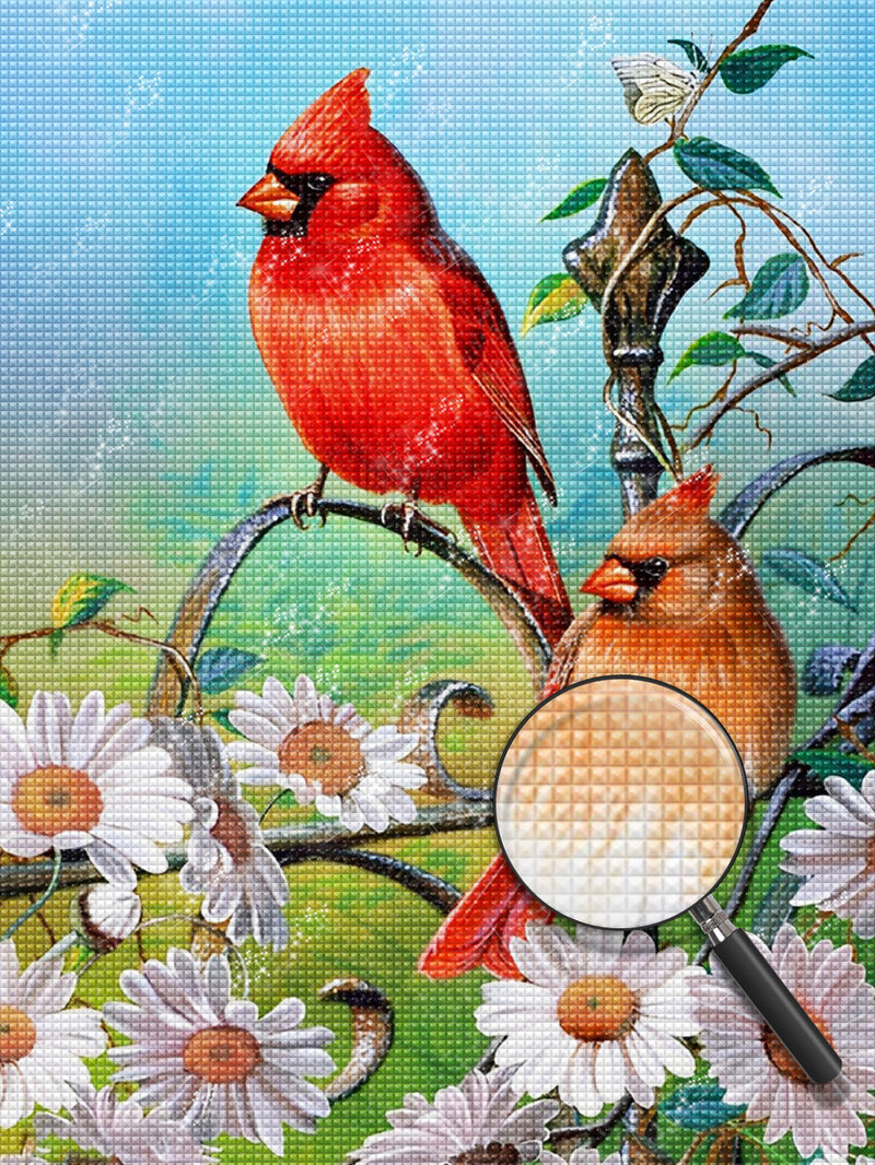 Cardinalidae and White Daisies Diamond Painting