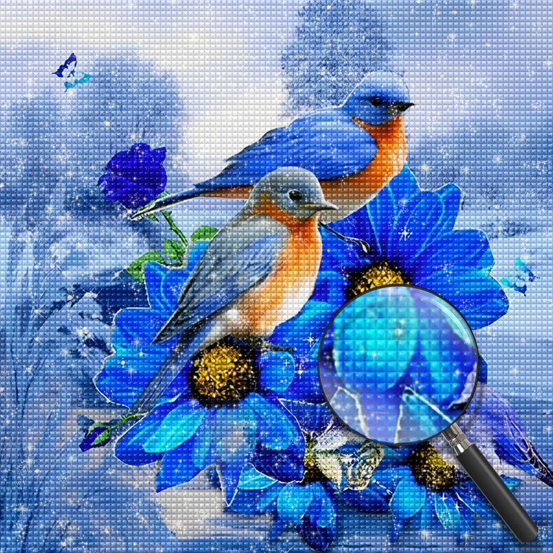 Blue and Orange Birds and Blue Flowers 5D DIY Diamond Painting Kits