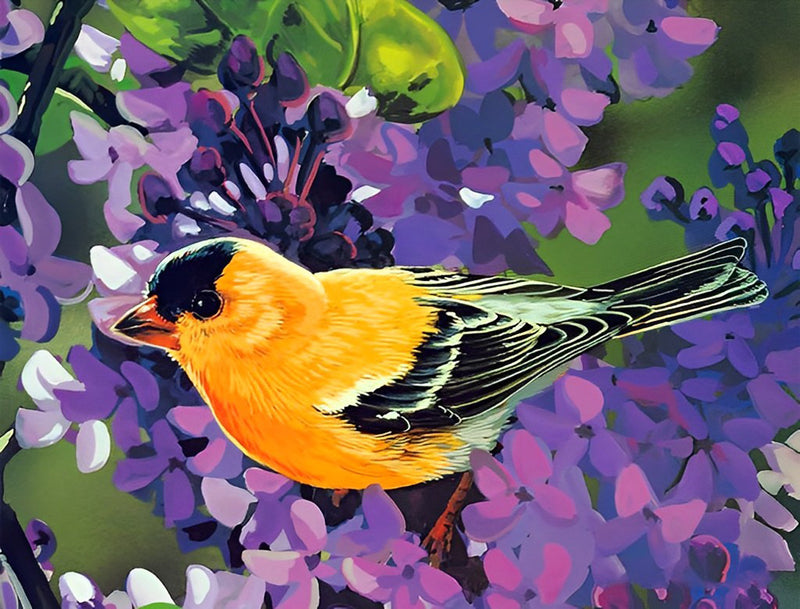 Yellow and Black Bird with Purple Flowers 5D DIY Diamond Painting Kits