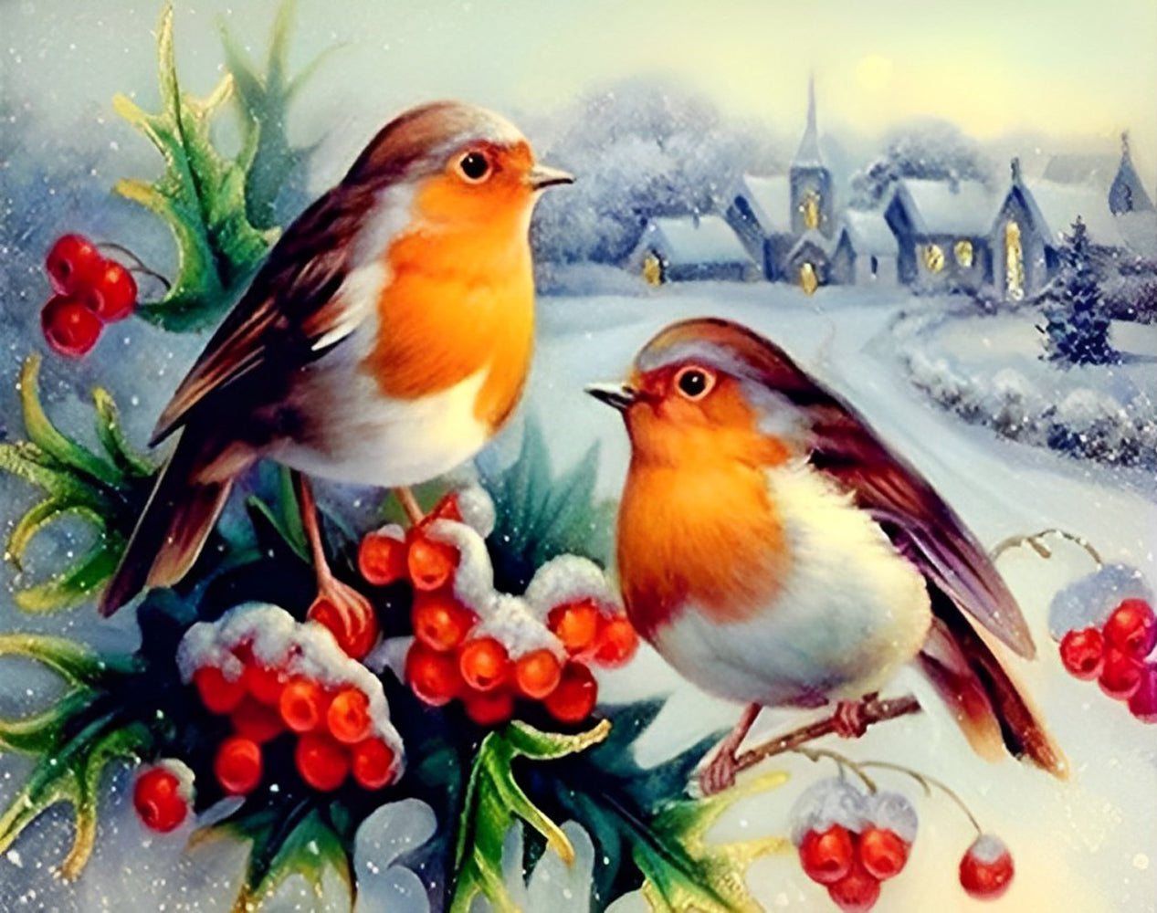 Brown and Orange Birds with Red Fruits Diamond Painting
