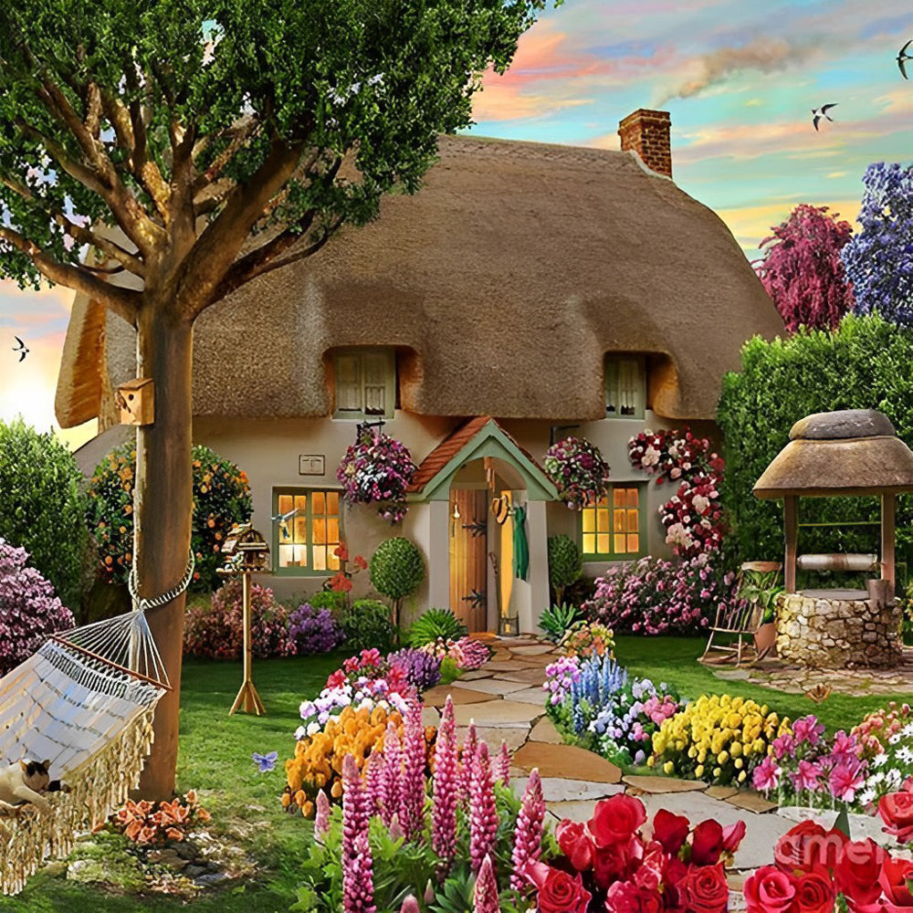 A house with a thatched roof Diamond Painting