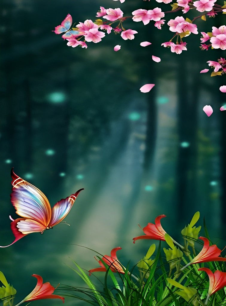 Flying Butterfly and Pink and Red Flowers Diamond Painting