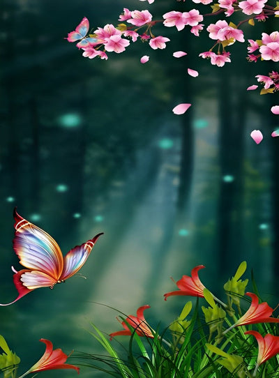 Flying Butterfly and Pink and Red Flowers 5D DIY Diamond Painting Kits